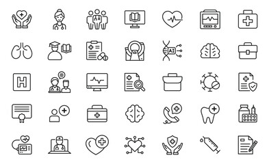 Medical and healthcare line icon set. Human organs, pills, treatment, first aid, medical instruments. Minimal thin line web icon set. Outline icons collection.