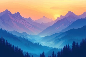 Serene Sunset Over Misty Mountain Ranges