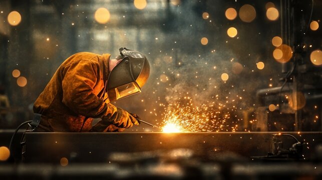 Intense welding process in a dimly lit factory showcasing skilled craftsmanship and fiery sparks