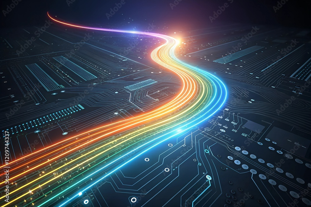 Fototapete vibrant data streams flow across a futuristic circuit board, illuminating the path of digital inform