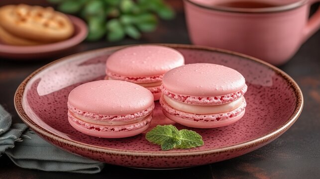 Freshly baked pastel macarons served on a rustic plate with tea and cookies in a cozy setting - Powered by Adobe