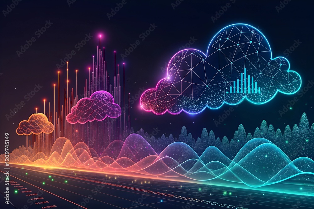 Poster vibrant data clusters float, glowing in a futuristic digital landscape. a captivating visualization 