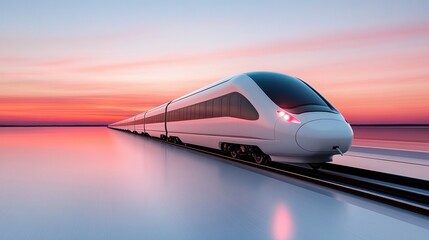 Obraz premium Futuristic bullet train gliding along the tracks with an ethereal sunset backdrop in hyperrealistic detail
