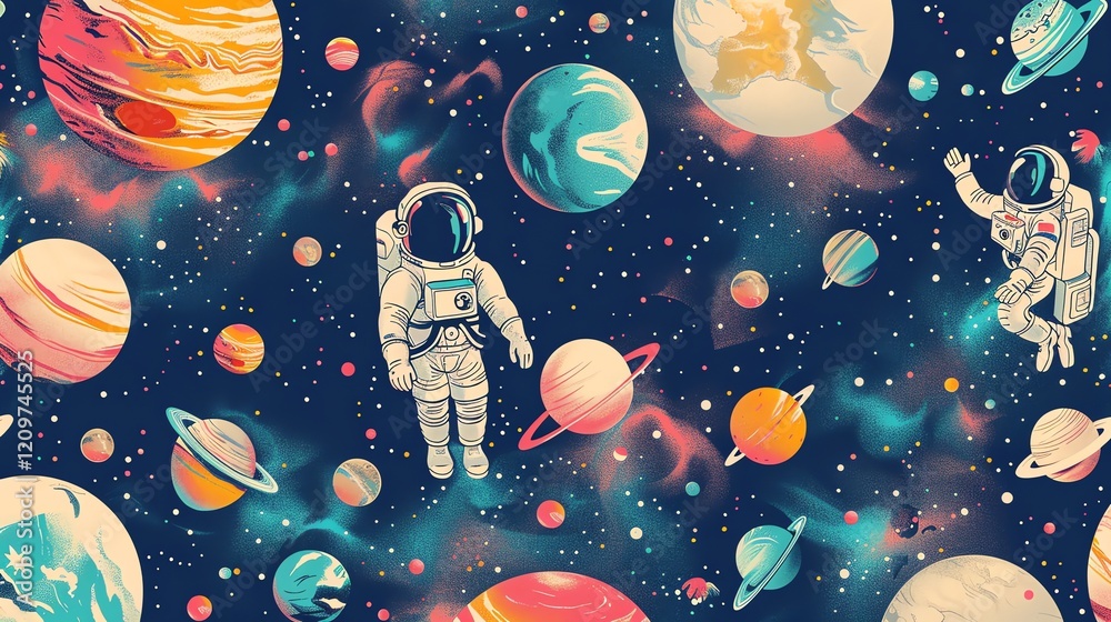 Wall mural a seamless pattern of colorful planets and astronauts floating in space.