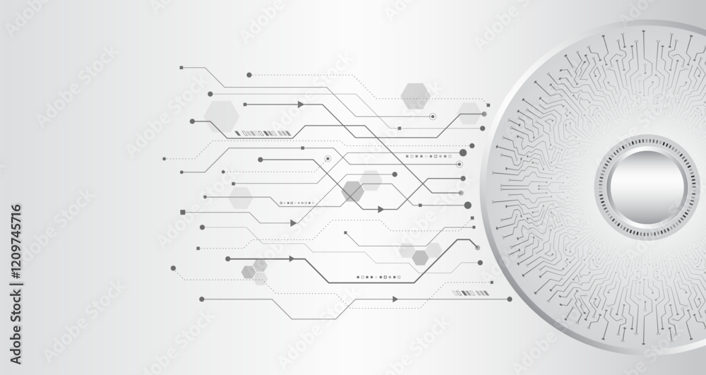Aufkleber Hi-tech grey background with various technology elements. Vector illustration of circuit board and circles. Abstract futuristic communication.