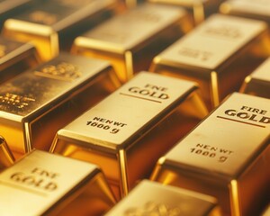A collection of gleaming gold bars stacked closely together, showcasing their shiny surfaces and engraved labels.