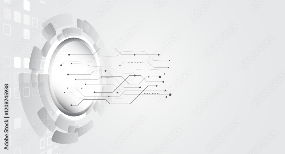 Fototapete Abstract grey high tech background consisting of printed circuit board circles and other technological elements. Digital communication, data protection, futuristic presentation, science cover.