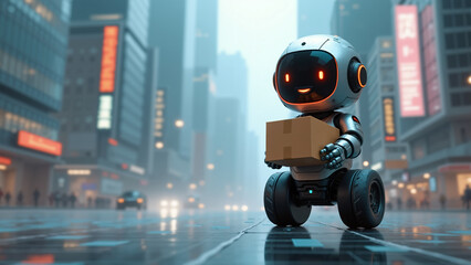 A cute glossy white delivery robot on wheels transports a parcel through a vibrant cityscape. The background features a blurred modern city, emphasizing innovation in urban delivery.