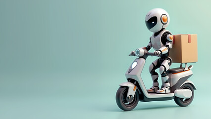 A sleek white robot riding a futuristic electric scooter, carrying a parcel on its back seat against a solid background with ample copy space. Perfect for concepts of automated delivery technology.