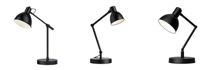 A stylish black desk lamp featuring an adjustable arm and a circular base, ideal for focused lighting in workspaces or reading areas.