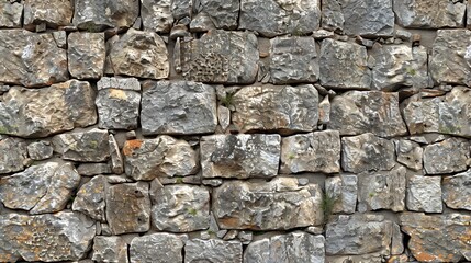 Fototapeta premium A rustic stone wall with unevenly sized stones arranged in a stacked pattern.