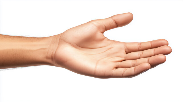 A hand turned palm up, isolated on a white background. The lines used for palm reading are clearly visible.