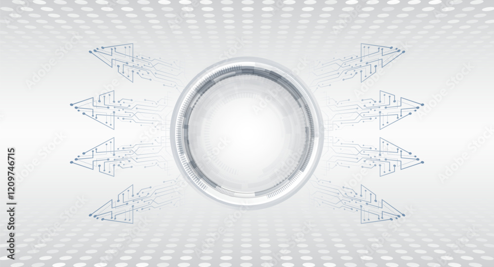 Poster Hi-tech grey background with various technology elements. Vector illustration of circles, lines and arrows with shadows. Abstract futuristic communication.