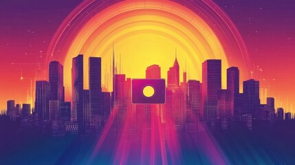 Obraz premium Futuristic Cityscape with a Central Digital Interface