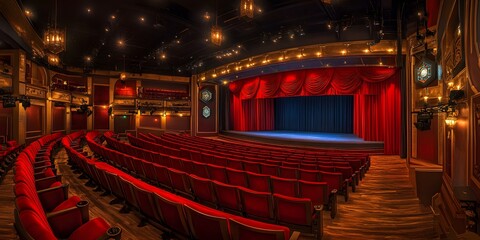 Classic theater hall with tiered seating, red velvet curtains, and stage-focused lighting. Perfect for live performances and shows.