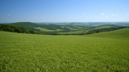 Naklejka premium Rolling green hills landscape, summer day, scenic view, idyllic countryside