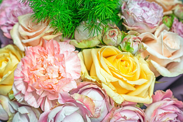 delicate bouquet of pink blossoming roses and chrysanthemums. Women's Day