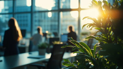 Green Plant in Modern Office with Sunlit Background