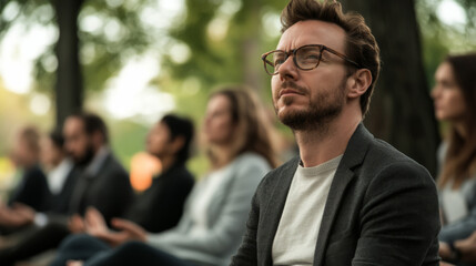 Corporate Team Practicing Mindfulness in Nature