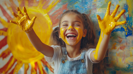 Laughing Girl with Painted Hands Creating Art
