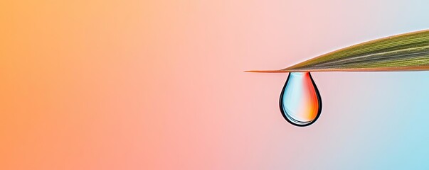 Pastel spring idea. A close-up of a water droplet resting on a green leaf against a colorful background.