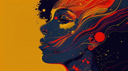Vibrant abstract portrait of a woman with dynamic colors and fluid patterns emphasizing beauty and creativity.
