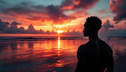 Silhouette of young african male watching vibrant beach sunset