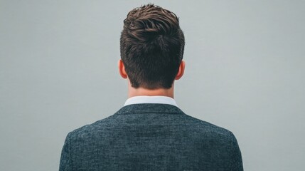 Rear View of Businessman: The back of a man in a dark gray suit, his neatly styled hair suggesting professionalism and confidence.  The image evokes a sense of contemplation or leadership.