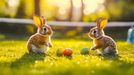 Two cute fluffy grey Easter bunnies found painted colourful Easter eggs on a green lawn in spring sunny day. Springtime holidays. Farm land animals.
