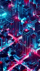 digital technology red and blue cyberpunk city poster background