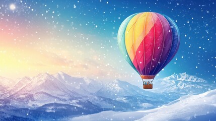 Obraz premium Colorful Hot Air Balloon Soaring Over Snowy Mountains