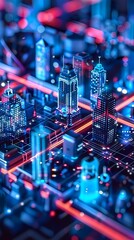 Obraz premium digital technology red and blue cyberpunk city poster background