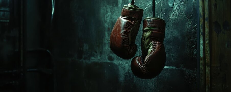 Professional boxing gloves hanging on a dark wall, sports energy.