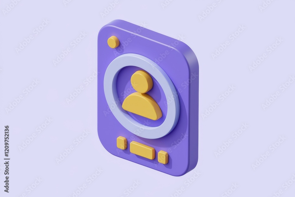 Poster 3d render of a purple app icon with a yellow person silhouette, representing user profile or account