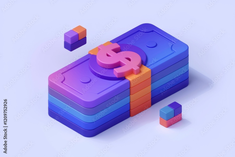 Poster a stack of colorful bills with a dollar sign on top, symbolizing wealth and finance.