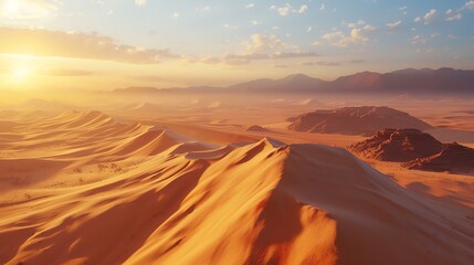 Naklejka premium A vast desert landscape with a sunset over the mountains in the distance.