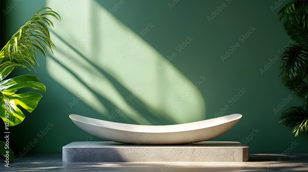 Wall mural A curved podium against a vibrant green background, with plenty of room for showcasing a product.