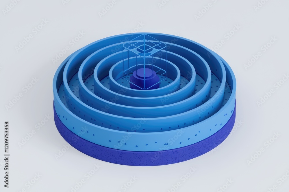 Poster Abstract 3D rendering of concentric circles and a central cube, showcasing depth and layers.