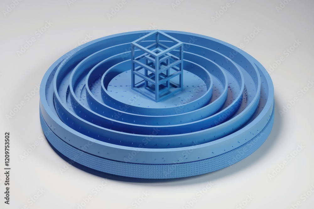 Poster A blue 3D-rendered image shows concentric circles surrounding a cube structure, creating a visually appealing abstract design.