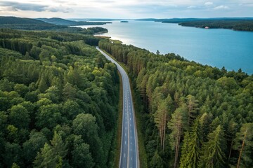 aerial veiw of empty road in green forest with the blue lake. drone shot