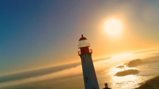 Pigeon point lighthouse at sunset with low clouds over pacific ocean