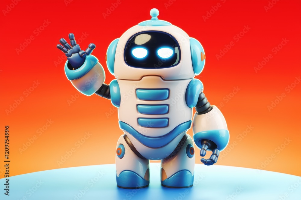 Poster a friendly, cartoon robot waves hello against a vibrant red backdrop.