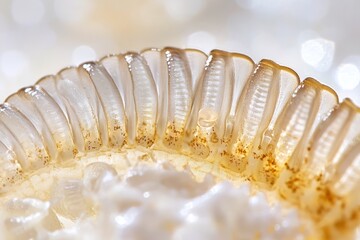 Tapeworm segment close-up showing intricate details and translucent body