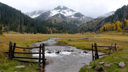 Autumn mountain stream, valley, fall foliage, cloudy sky, tranquil scene, nature photography