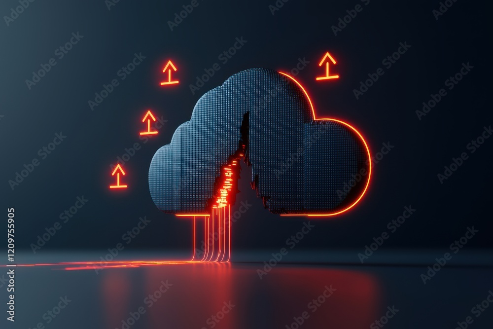 Poster concept of cloud security threats. a stylized cloud icon with glowing red arrows representing data u