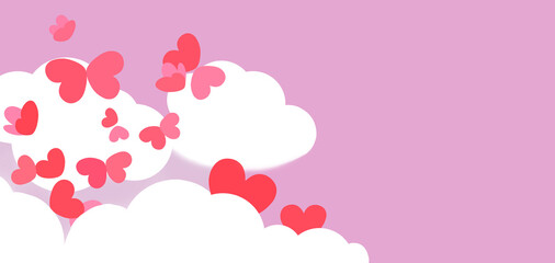 Flying loving hearts connect in clouds and flying like butterflies in pink sky  for valentine background and love story.