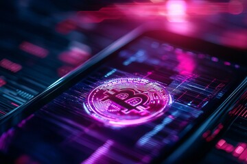 Obraz premium A vibrant smartphone displays a glowing Bitcoin symbol, set against a futuristic digital backdrop, representing cryptocurrency and technology.