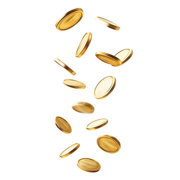 Floating gold coins in motion, isolated on transparent cutout background