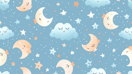 A seamless pattern of moons, stars, and clouds in a cute, cartoon style.