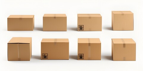  Set of Cardboard Boxes in Various Angles and Styles on White Background